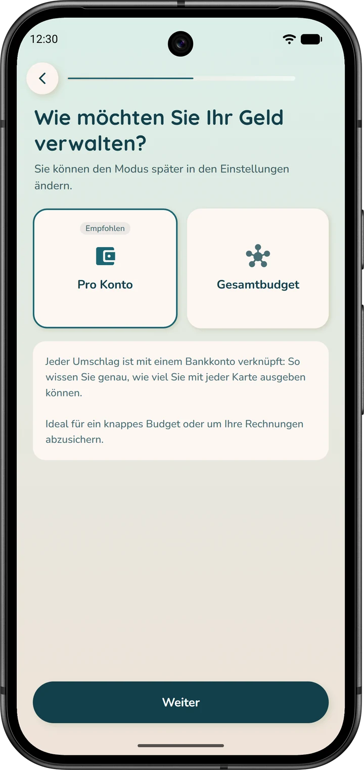 Wahl des Budgetmodus im Assistenten: „Pro Konto“ (empfohlen) und „Gesamtbudget“.