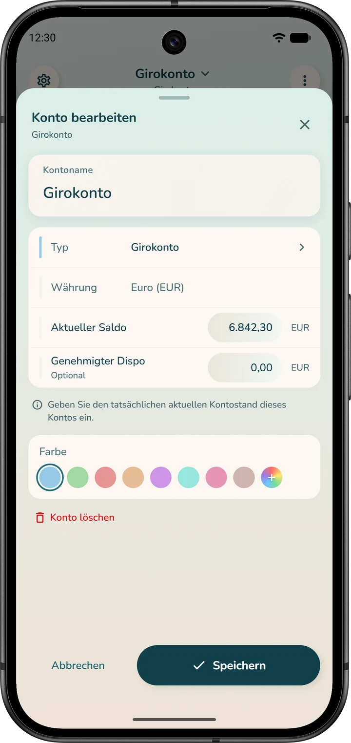 Fenster „Konto bearbeiten“: das Feld „Aktueller Saldo“, um den Saldo dem Kontostand der Bank anzugleichen, und die Schaltfläche „Speichern“.