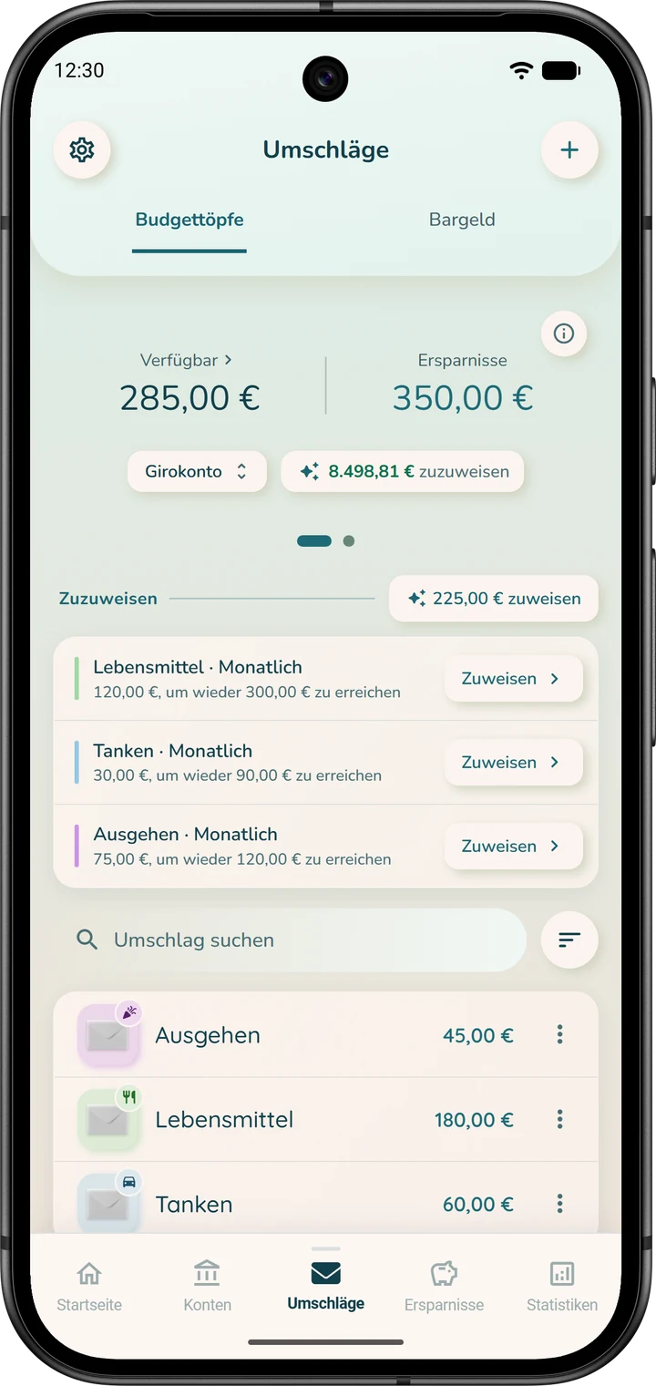 Tab „Umschläge“ im Modus „Pro Konto“: die Kontoauswahl mit dem Girokonto, das noch zuzuweisende Geld und die Umschläge dieses Kontos.