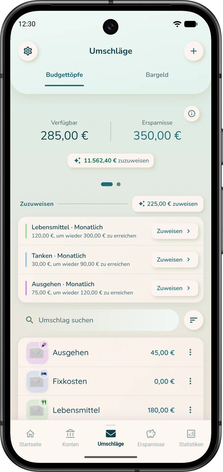 Tab „Umschläge“ im Modus „Gesamtbudget“: alle Umschläge zusammen, mit dem noch zuzuweisenden Geld.