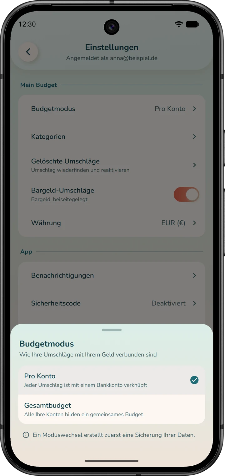 Fenster zur Wahl des Budgetmodus: „Pro Konto“ oder „Gesamtbudget“, mit dem Hinweis auf die Sicherung vor jedem Wechsel.
