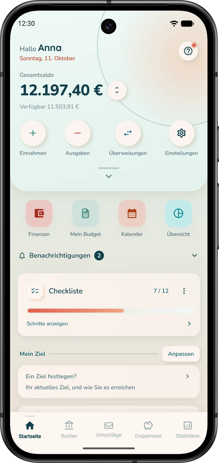 Startseite von iBudgetAll: unter der Kopfkarte mit ihren runden Schaltflächen der Schnellzugriff „Finanzen“ neben „Mein Budget“.