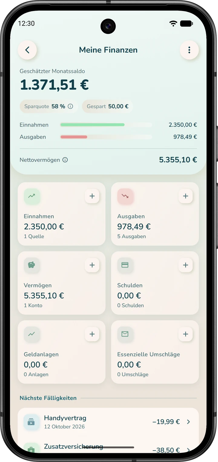 Bildschirm „Meine Finanzen“: die Karten „Einnahmen“ und „Ausgaben“, jede mit einer Schaltfläche „+“ zum Hinzufügen.