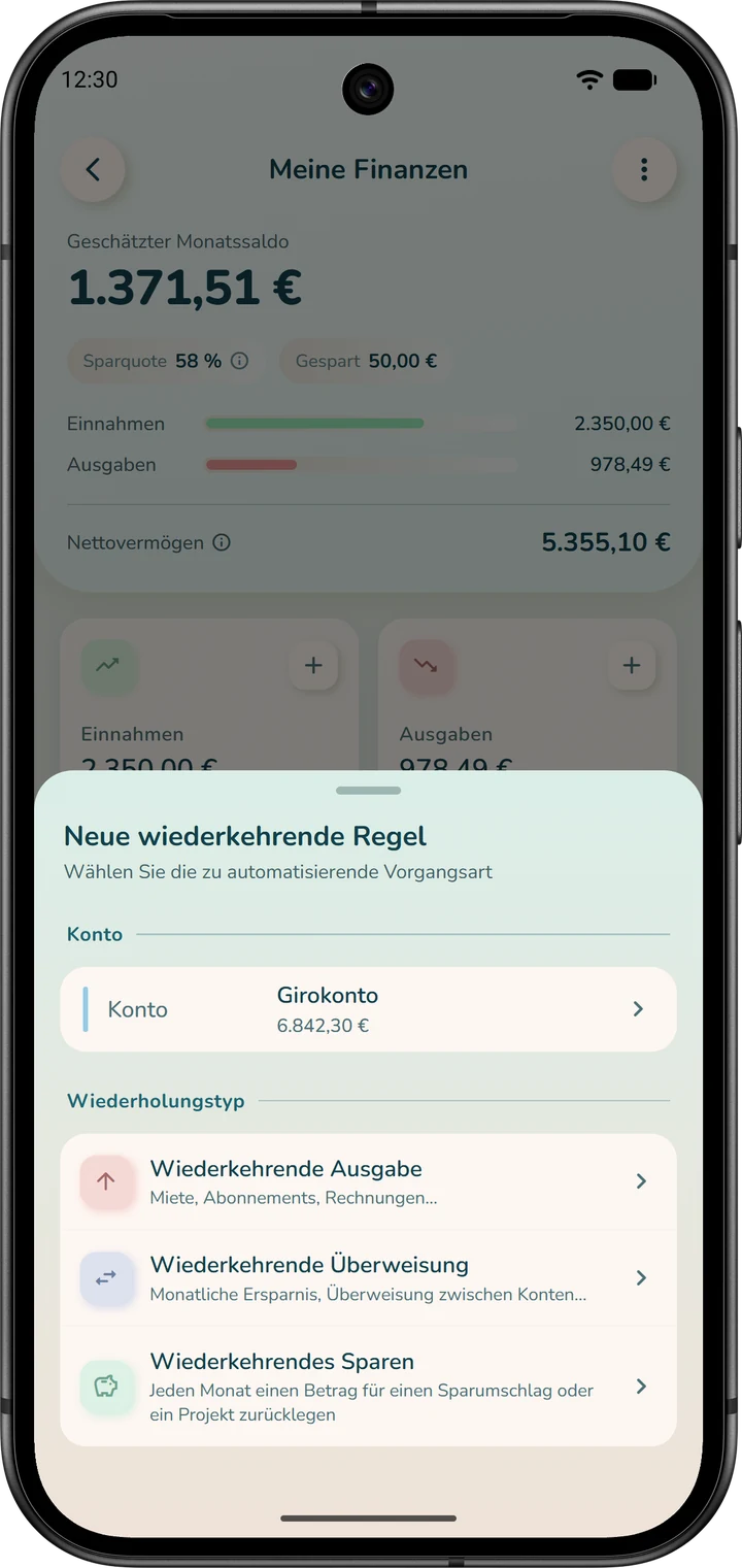Fenster „Neue wiederkehrende Regel“: Auswahl des Kontos, dann der Art der Regel, darunter „Wiederkehrende Ausgabe“.