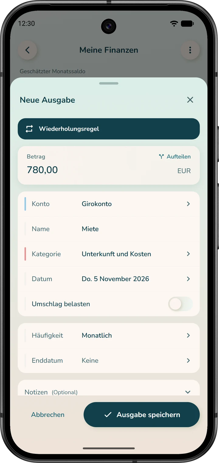 Formular einer wiederkehrenden Ausgabe: Betrag, Name, Kategorie, Datum der nächsten Abbuchung, Häufigkeit und der Schalter „Umschlag belasten“.
