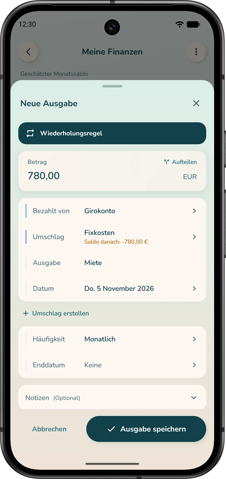Formular einer wiederkehrenden Ausgabe im Modus „Gesamtbudget“: Das Feld „Umschlag“ ersetzt die Kategorie.