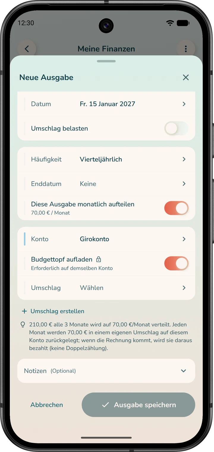 Option „Diese Ausgabe monatlich aufteilen“ bei einer vierteljährlichen Rechnung: der jeden Monat zurückgelegte Betrag und das Rücklagenkonto.