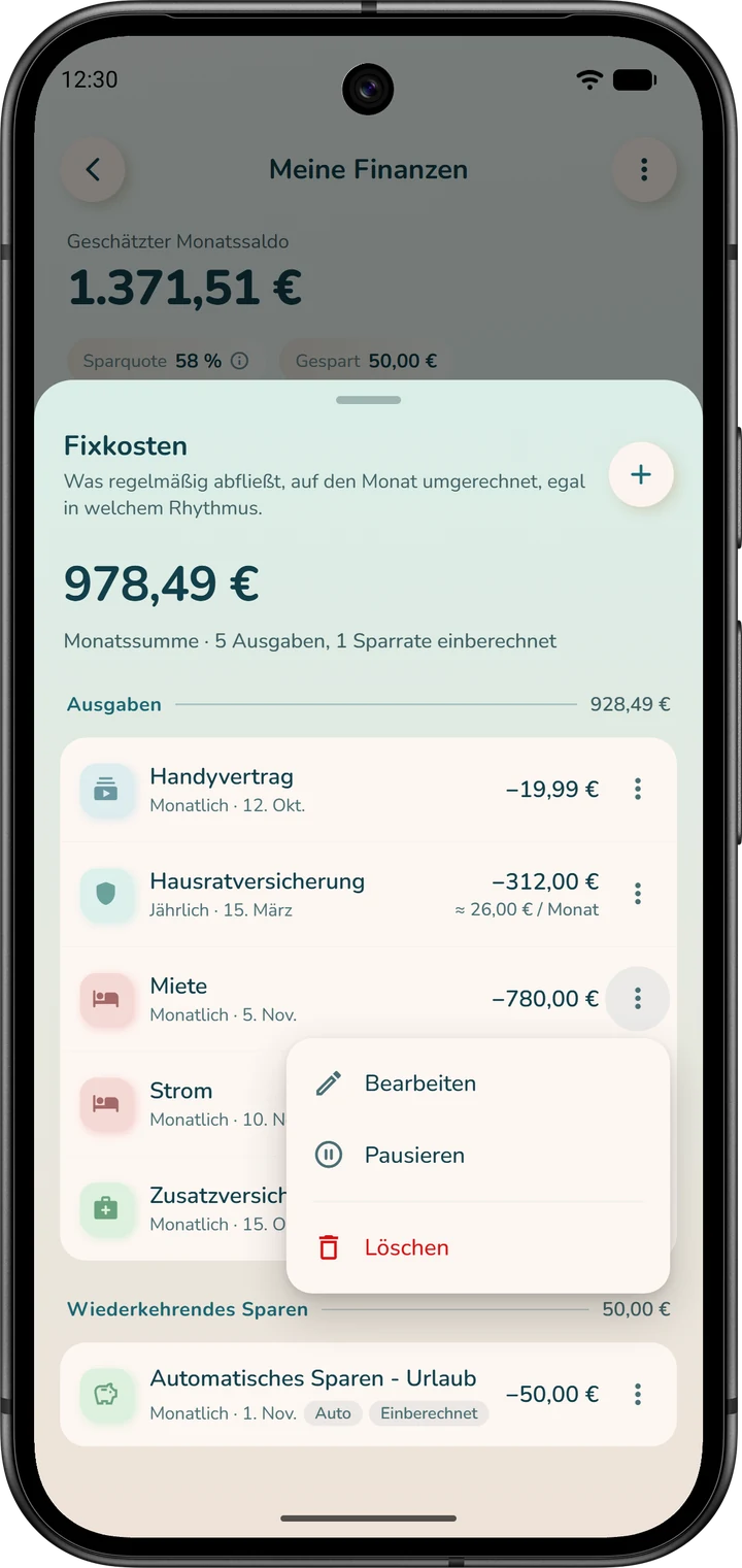 Liste „Fixkosten“: Das Menü ⋮ einer Regel bietet „Bearbeiten“, „Pausieren“ und „Löschen“.