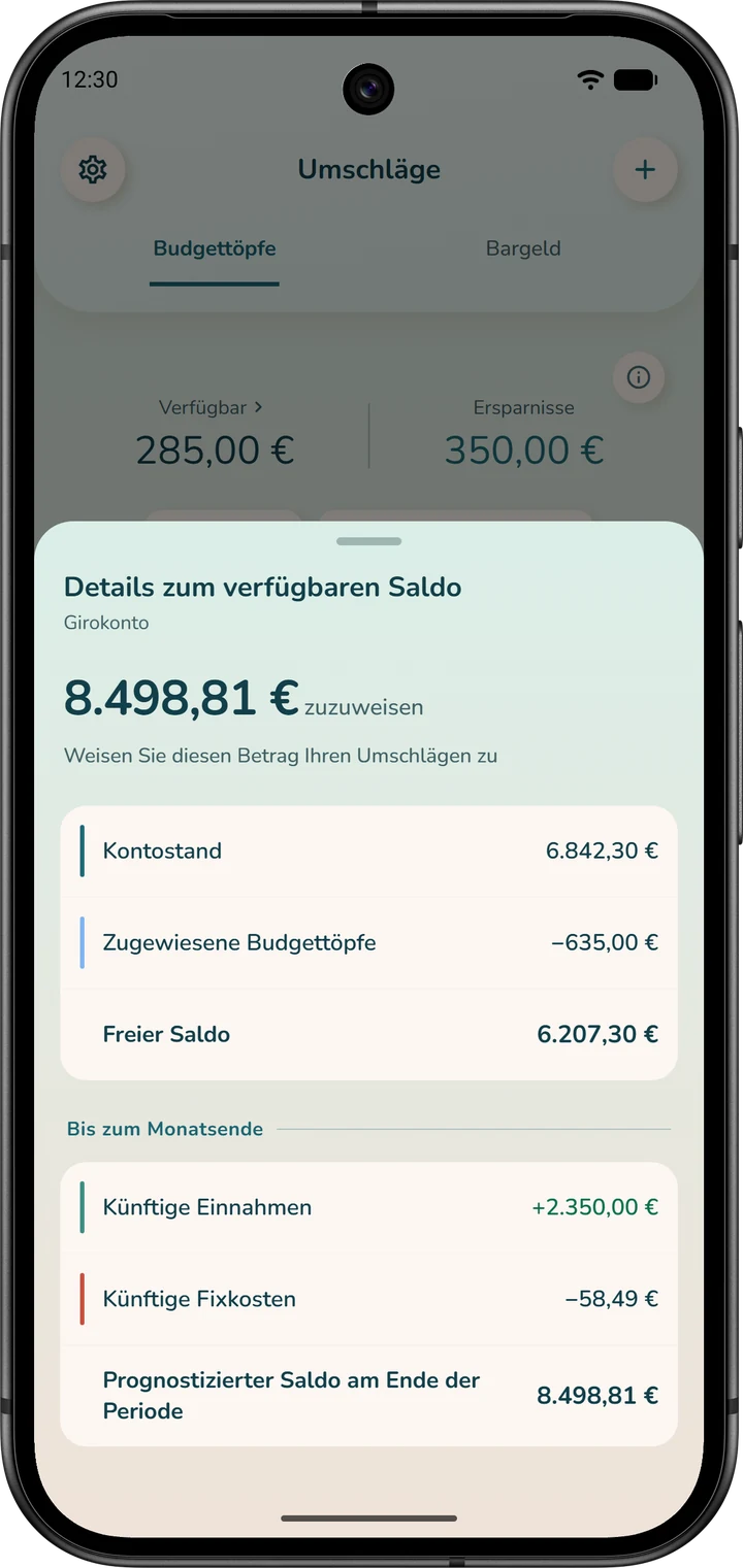 Fenster „Details zum verfügbaren Saldo“, geöffnet im Tab „Umschläge“: vom Kontostand bis zum noch zuzuweisenden Geld.