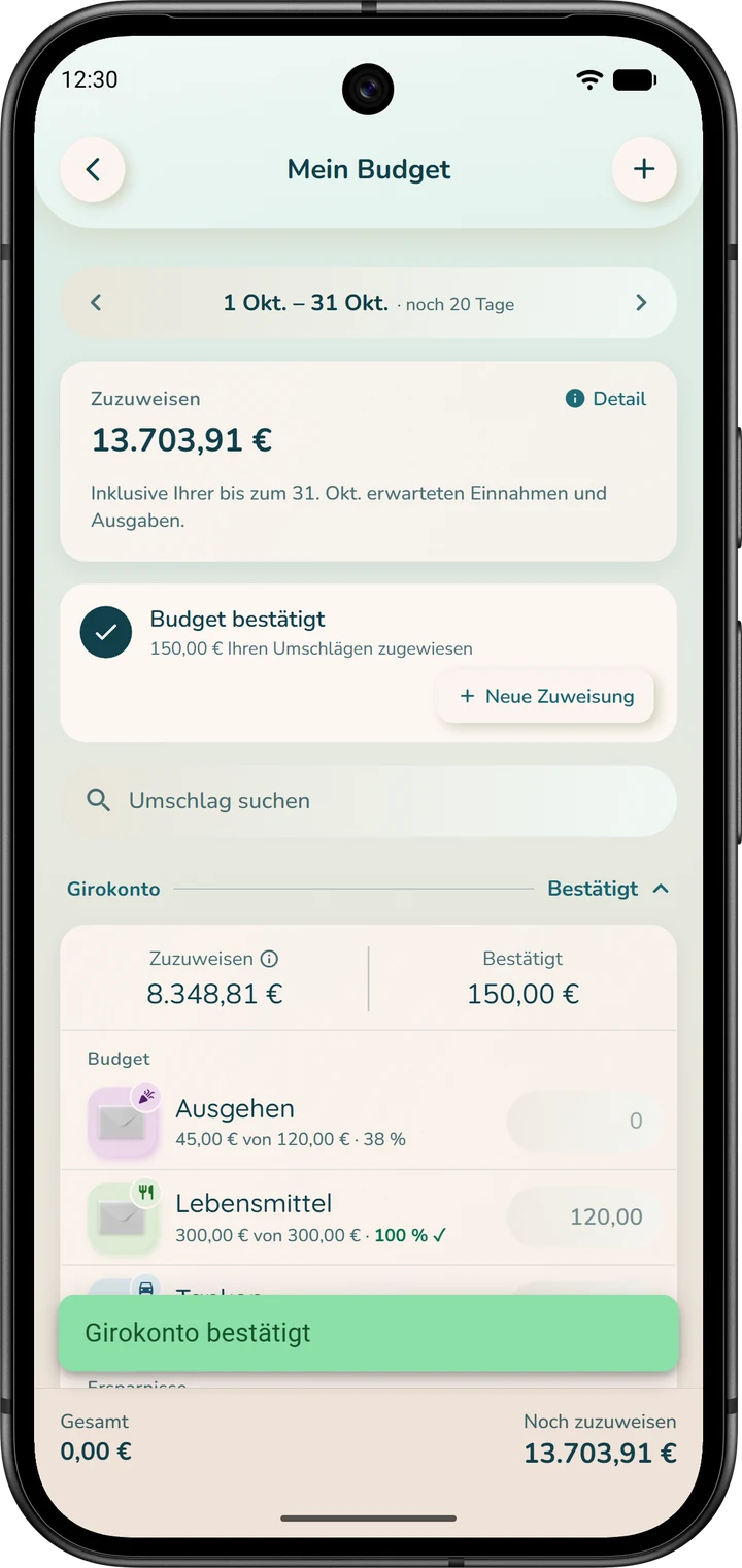 „Mein Budget“ direkt nach dem Bestätigen eines Kontos: Das Konto zeigt „Bestätigt“, und die Karte „Budget bestätigt“ erscheint.