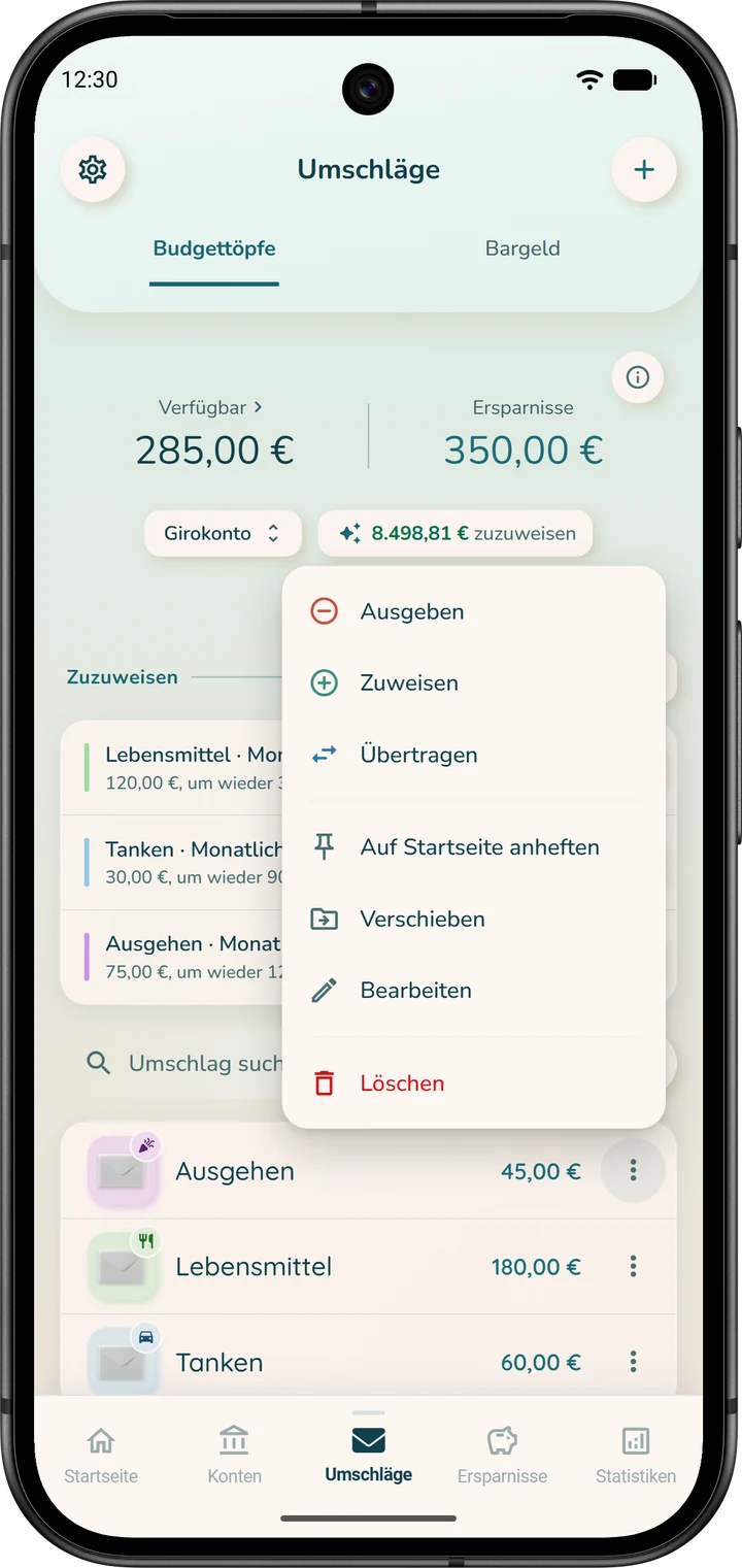 Das Menü eines Umschlags, mit „Löschen“ in der letzten Zeile.