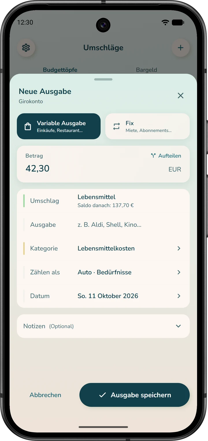 Neue Ausgabe, vom Umschlag „Lebensmittel“ aus geöffnet: Der Umschlag ist bereits gewählt, und sein Saldo nach der Ausgabe wird angezeigt.