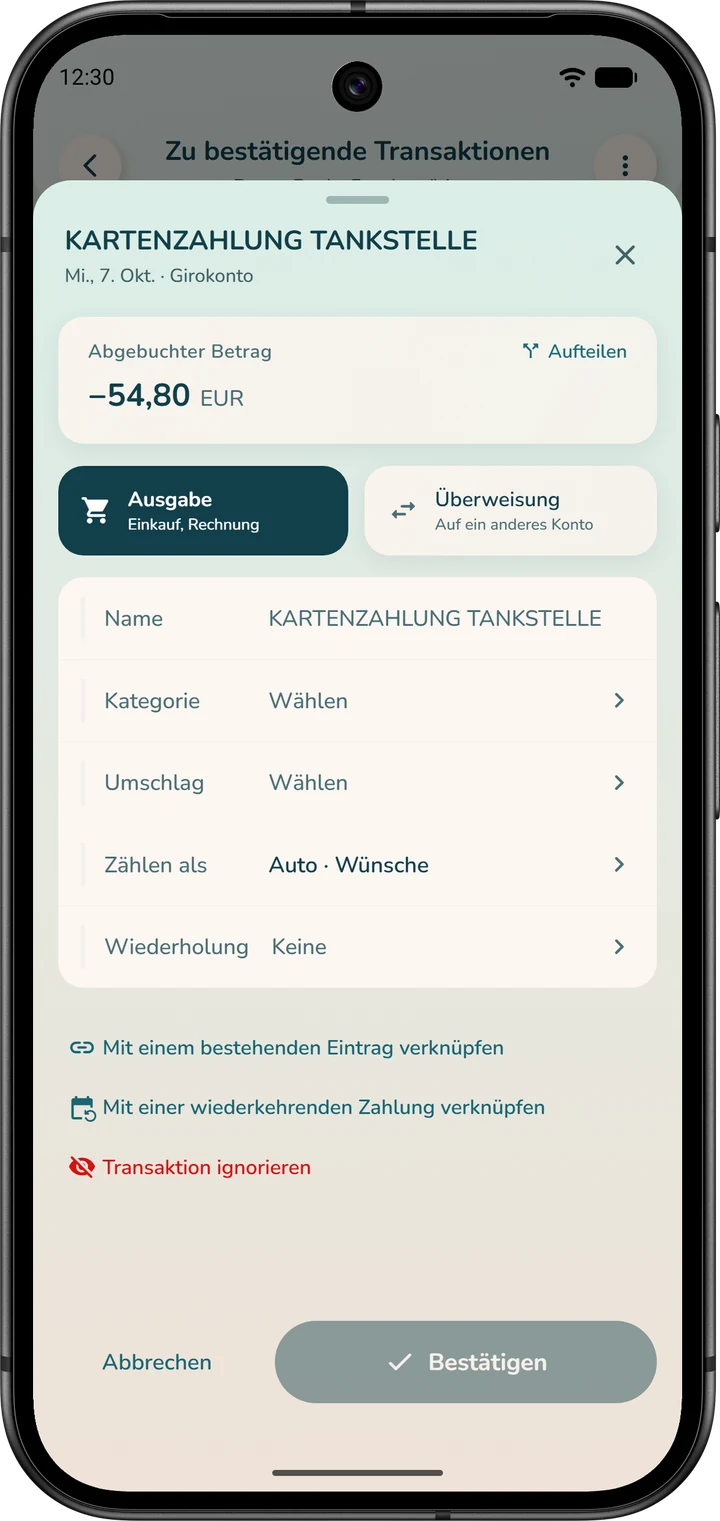 Detailansicht einer Banktransaktion: Name, Kategorie und Umschlag zur Auswahl, Links zum Verknüpfen und die Schaltfläche „Bestätigen“.