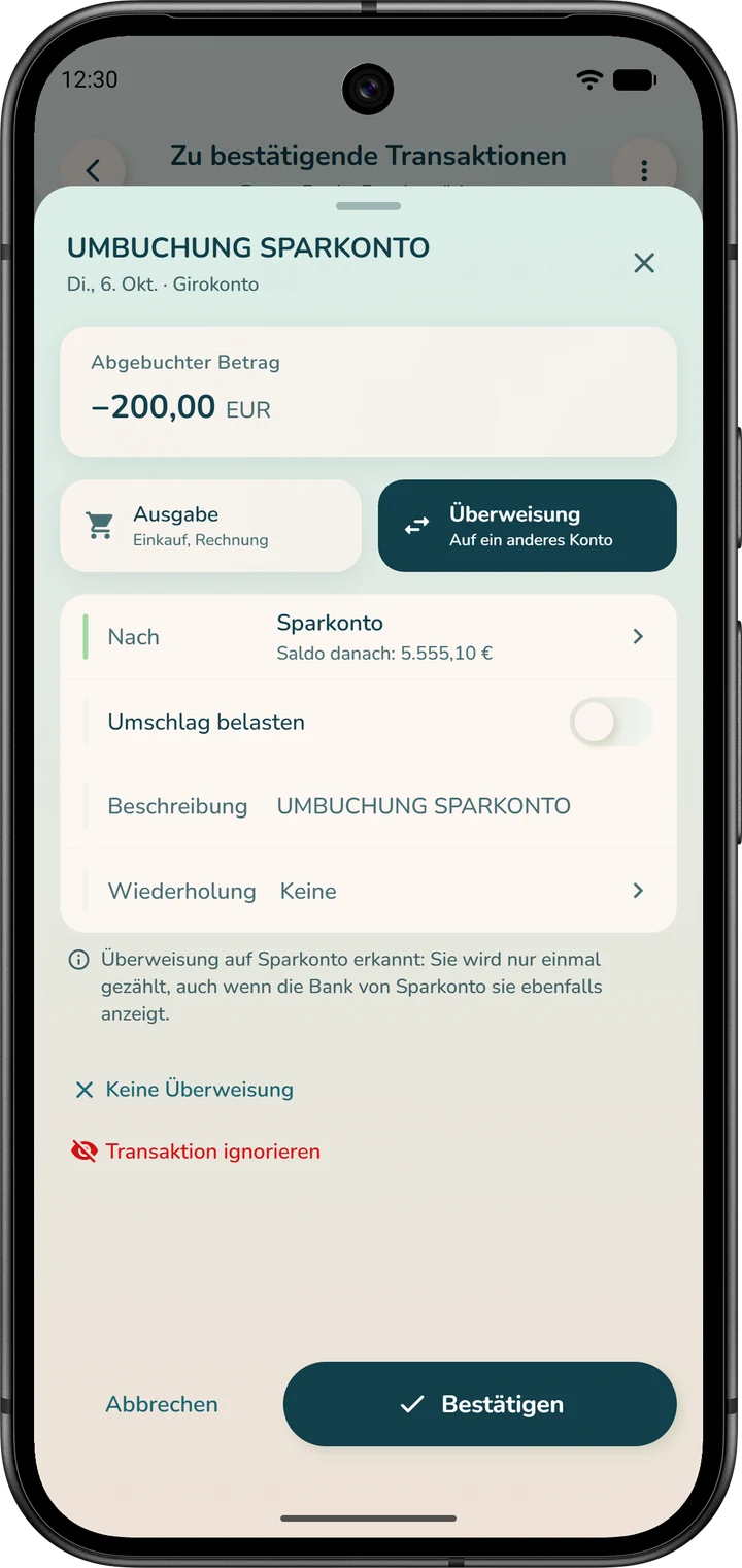 Detailansicht einer Banktransaktion, als Überweisung erfasst: das Zielkonto und sein Saldo nach der Überweisung.