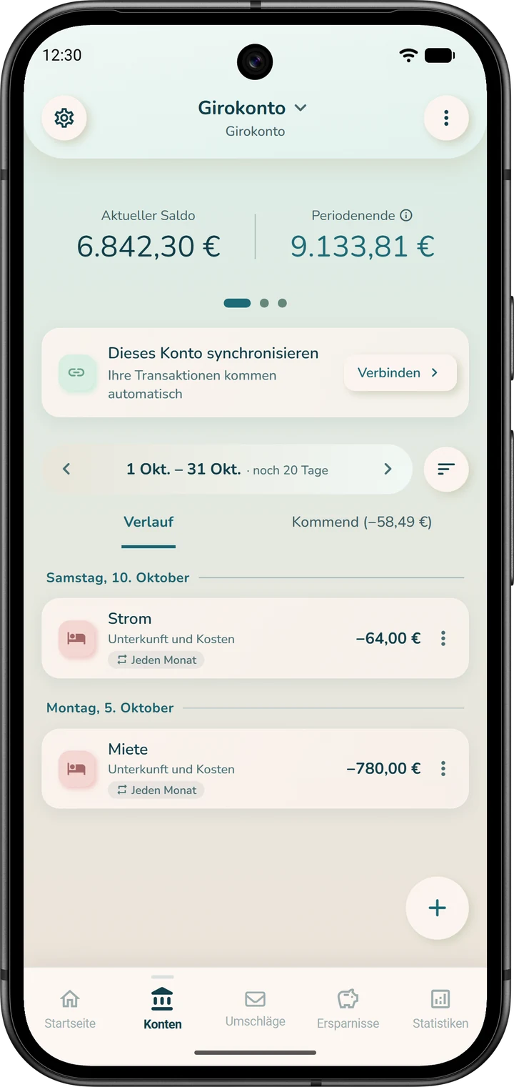 Oberer Teil einer Kontoseite: der aktuelle Saldo und daneben das Periodenende, das den Kontostand prognostiziert.