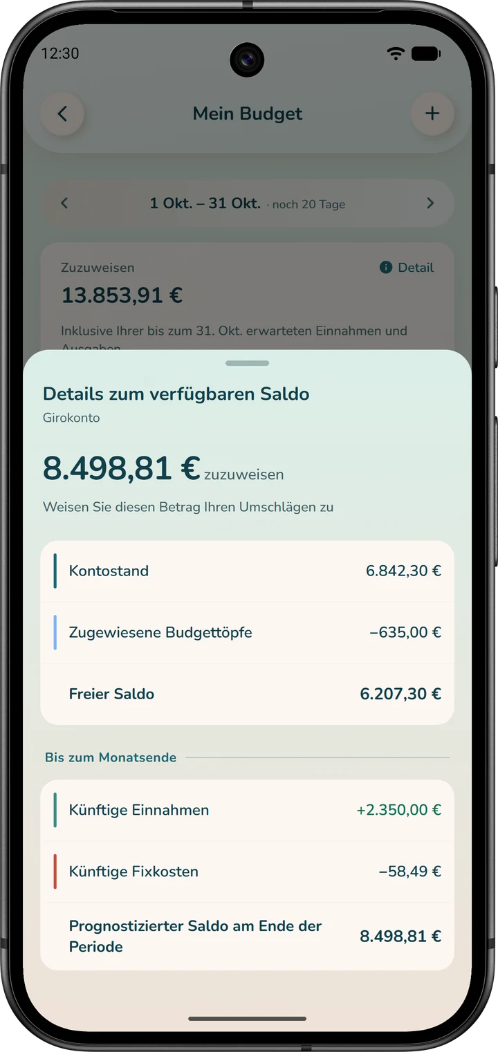 Details zum verfügbaren Saldo: vom freien Saldo bis zur Zeile „Prognostizierter Saldo am Ende der Periode“.