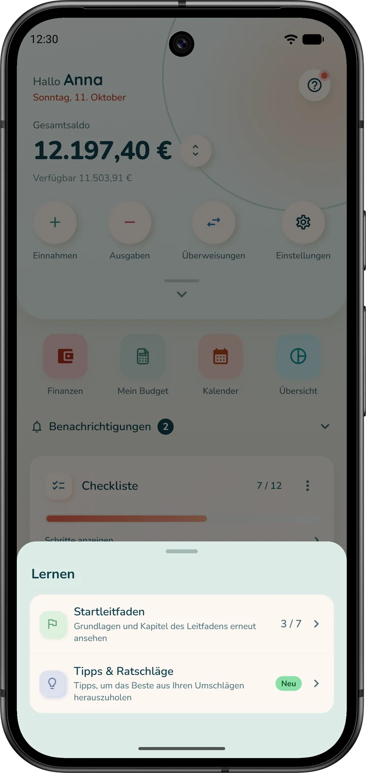 Die Hilfe-Schaltfläche der Startseite öffnet „Lernen“: „Startleitfaden“ und „Tipps & Ratschläge“.