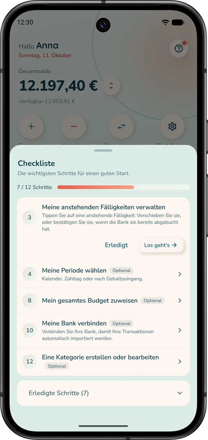 Das Fenster „Checkliste“, von der Startseite aus geöffnet: der Fortschritt und die übrigen Schritte; der aufgeklappte Schritt bietet „Los geht's“ und „Erledigt“.