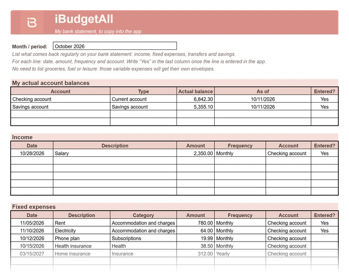Preview of the filled-in preparation file: the account balances, an income line and the fixed expenses, each with its date, amount, frequency and account.