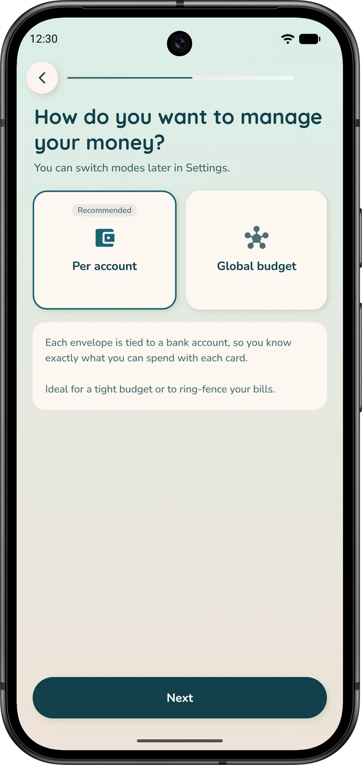 Choosing the budget mode in the wizard: “Per account” (recommended) and “Global budget”.