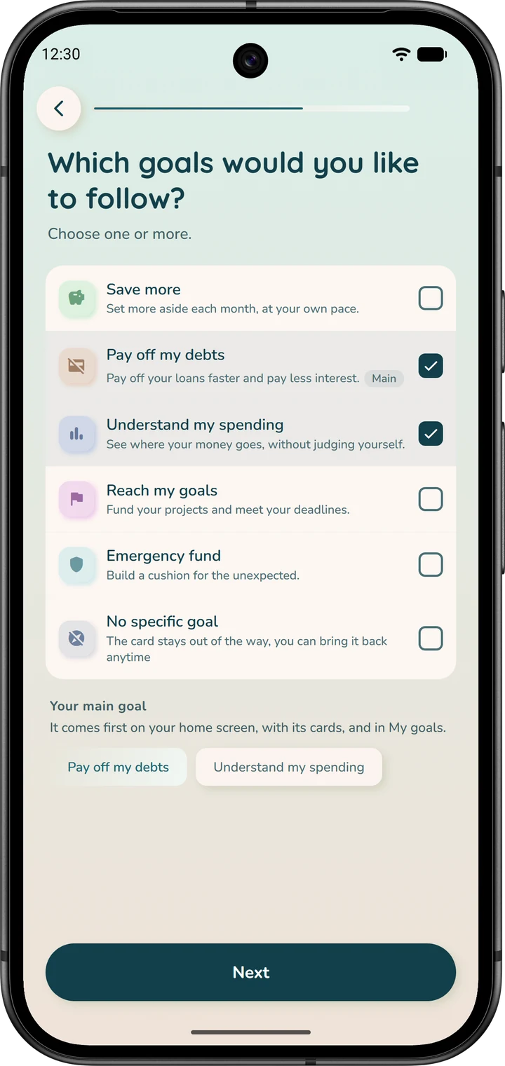 Wizard page for choosing one or more goals to track, such as “Pay off my debts”.