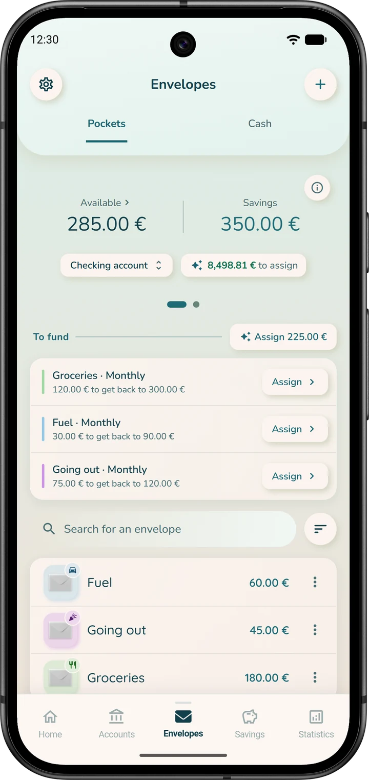 The “Envelopes” tab in “Per account” mode: the checking account pill, the money left to assign and the envelopes of that account.