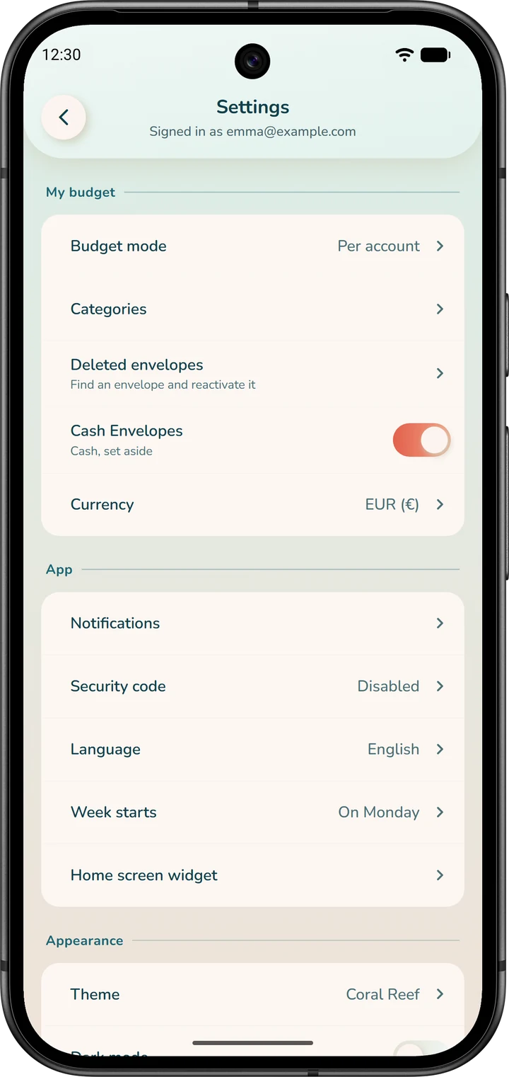 Settings, “My budget” section: the “Budget mode” row, which shows “Per account”, and the “Cash Envelopes” switch.
