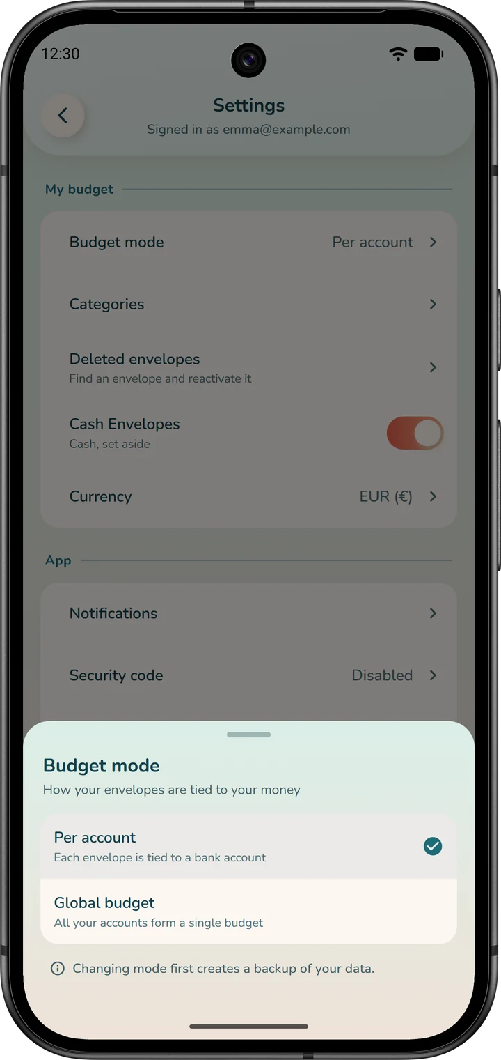 Sheet for choosing the budget mode: “Per account” or “Global budget”, with the note that a backup is made before any change.