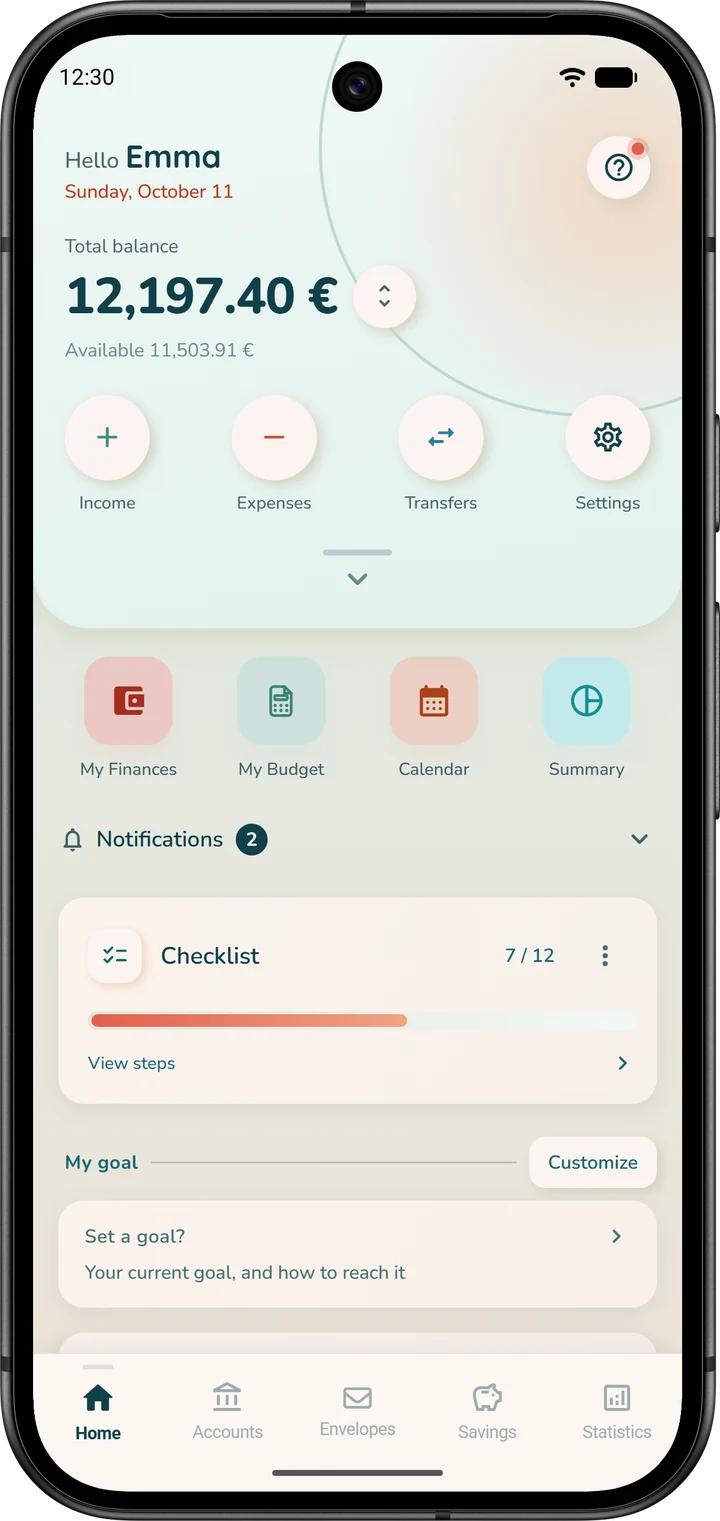 The iBudgetAll home screen: under the header card and its round buttons, the “My Finances” shortcut next to “My Budget”.