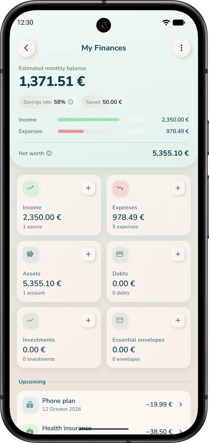 The “My Finances” screen: the “Income” and “Expenses” cards, each with a “+” button for adding an item.