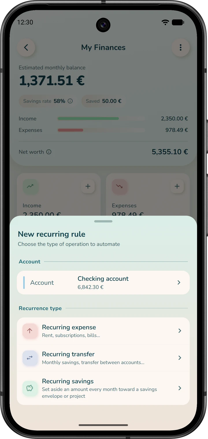 The “New recurring rule” sheet: choosing the account, then the type of rule, including “Recurring expense”.