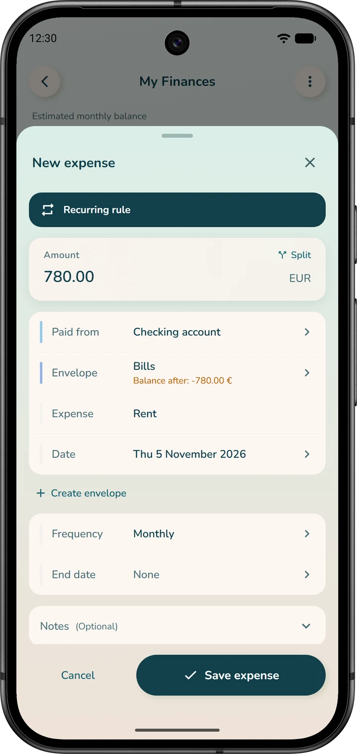 Form for a recurring expense in “Global budget” mode: the “Envelope” field replaces the category.