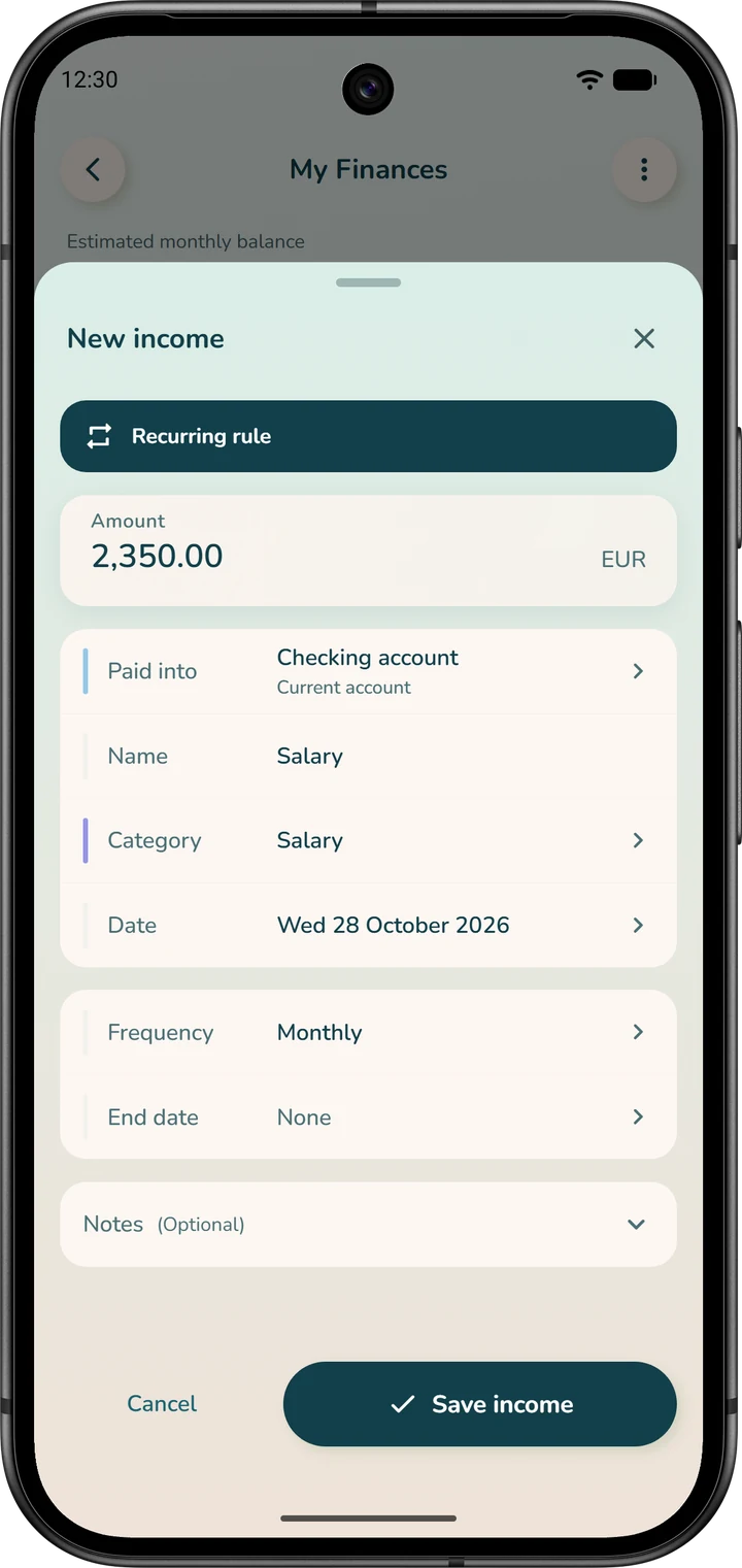 Recurring income form: amount, account it's paid into, name, category, date of the next payday and the “Monthly” frequency.