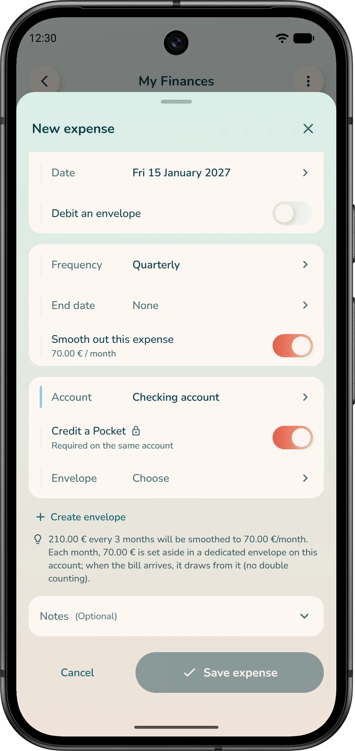 The “Smooth out this expense” option for a quarterly bill: the amount set aside each month and the provision account.