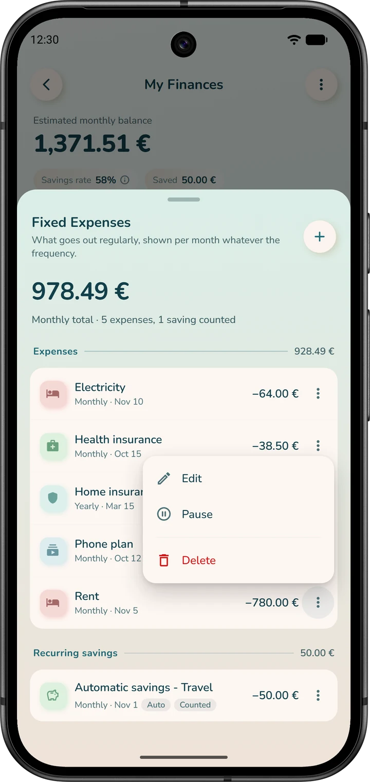 The “Fixed Expenses” list: a rule's ⋮ menu offers “Edit”, “Pause” and “Delete”.