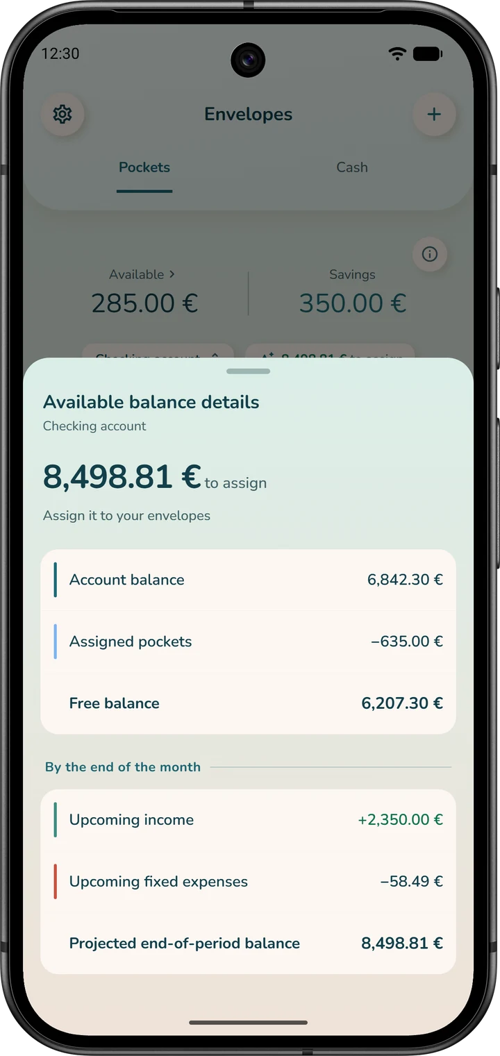 The “Available balance details” sheet, opened from the “Envelopes” tab: from the account balance to the money left to assign.