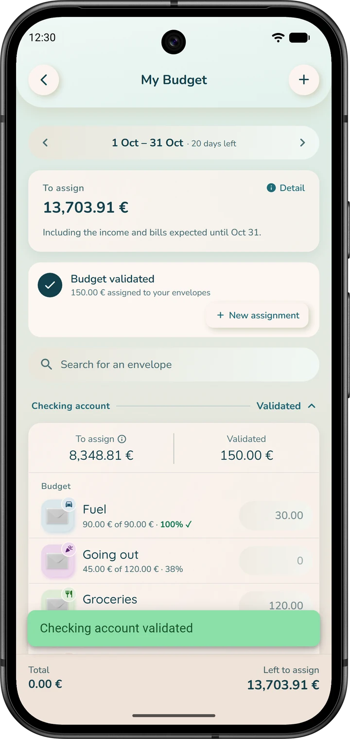 “My Budget” right after an account is validated: the account shows “Validated” and the “Budget validated” card appears.