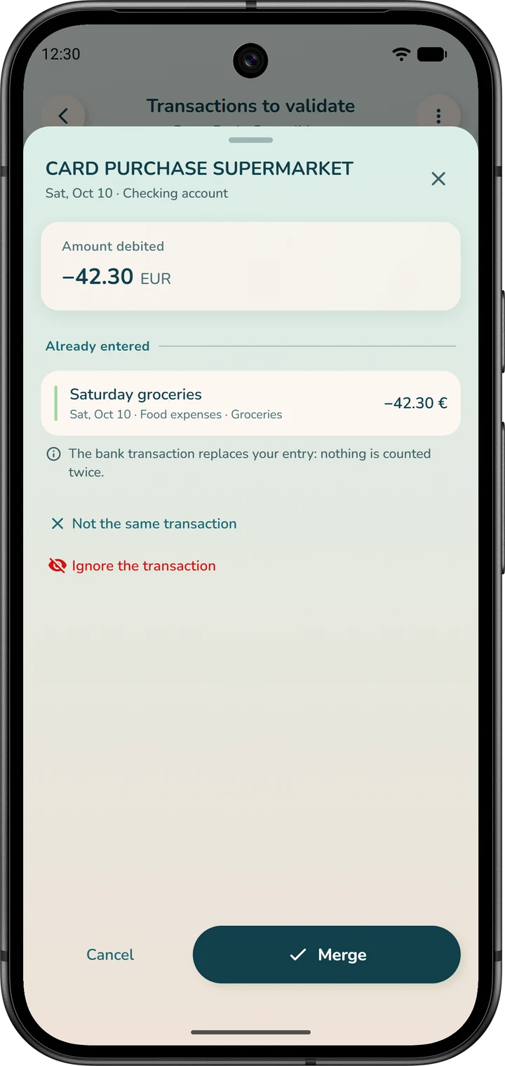 A bank transaction already entered by hand: the app offers to merge it with your entry.