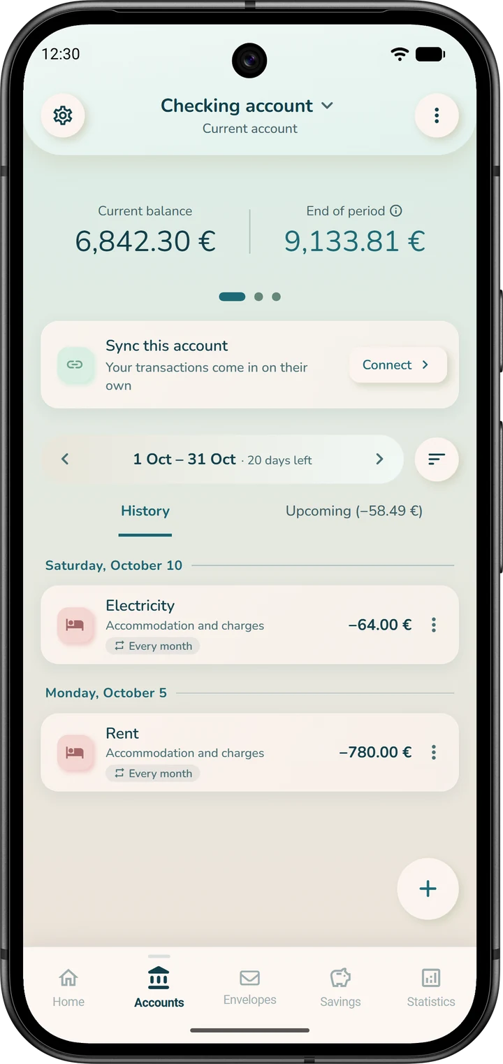 Top of an account page: the current balance and, next to it, the end-of-period figure, which projects the bank balance.
