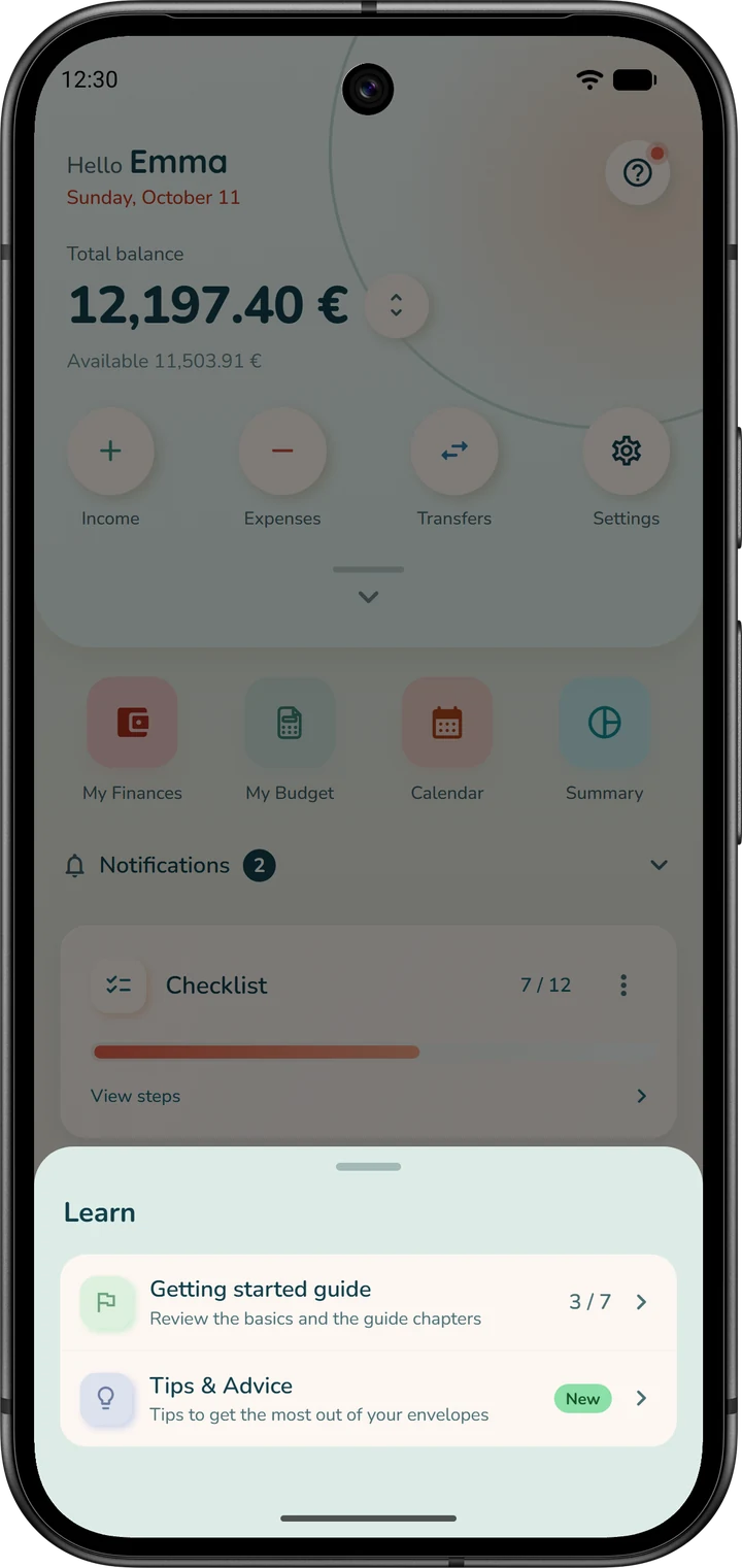 The help button on the home screen opens “Learn”: “Getting started guide” and “Tips & Advice”.