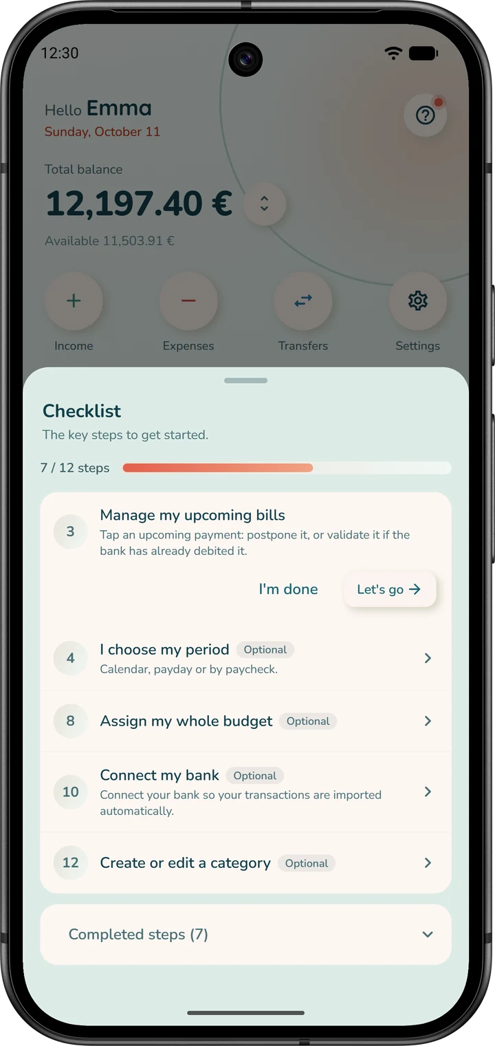 The “Checklist” sheet, opened from the home screen: the progress and the remaining steps; the expanded step offers “Let's go” and “I'm done”.