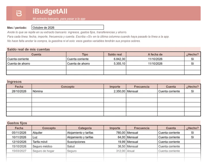 Vista previa del archivo de preparación ya rellenado: los saldos de las cuentas, un ingreso y los gastos fijos, cada uno con su fecha, su importe, su frecuencia y su cuenta.