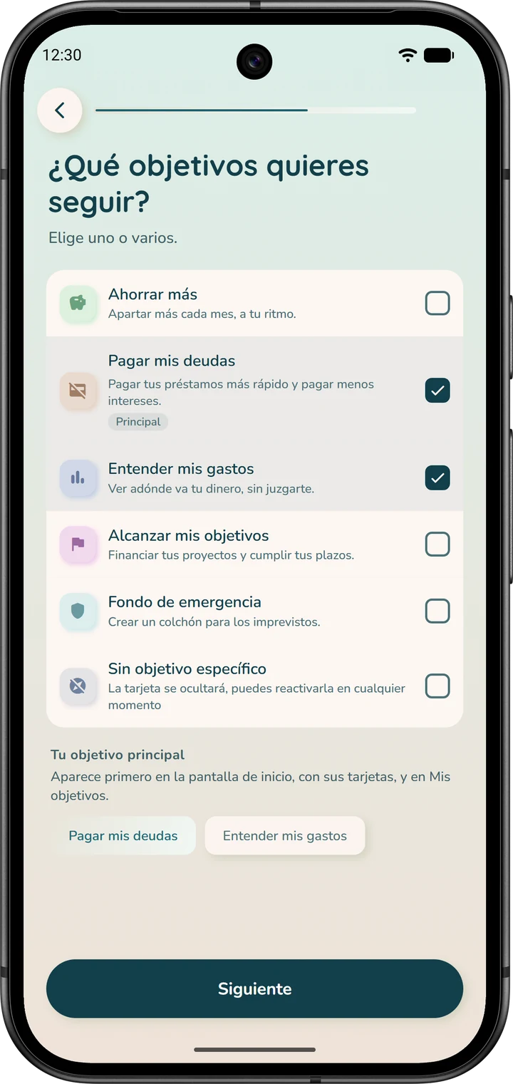 Página del asistente en la que se eligen uno o varios objetivos que seguir, como «Pagar mis deudas».