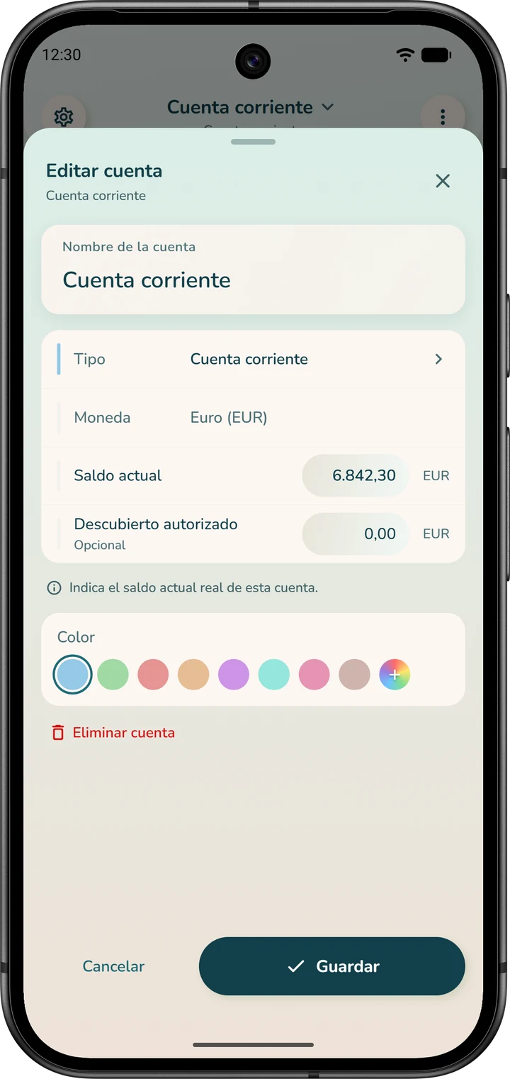 Ventana «Editar cuenta»: el campo «Saldo actual», para igualar el saldo con el del banco, y el botón «Guardar».