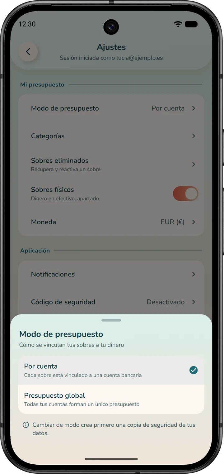 Ventana para elegir el modo de presupuesto: «Por cuenta» o «Presupuesto global», con el aviso de que se hace una copia de seguridad antes de cualquier cambio.