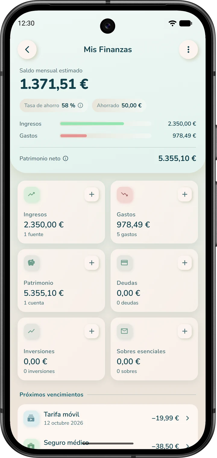 Pantalla «Mis Finanzas»: las tarjetas «Ingresos» y «Gastos», cada una con un botón «+» para añadir.