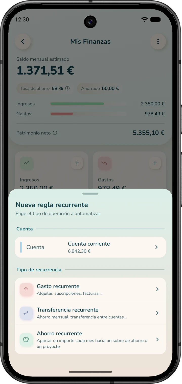 Ventana «Nueva regla recurrente»: elección de la cuenta y, después, del tipo de regla, como «Gasto recurrente».