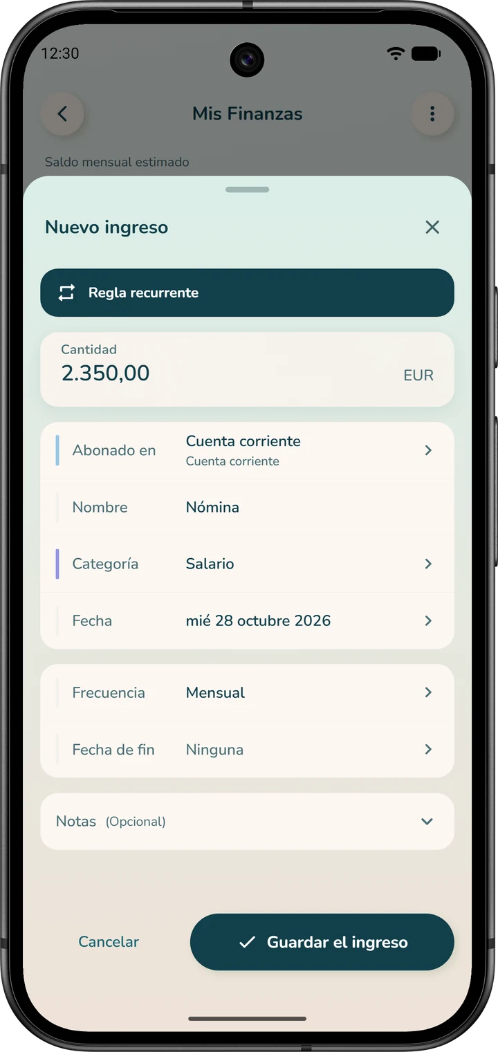 Formulario de un ingreso recurrente: cantidad, cuenta de abono, nombre, categoría, fecha del próximo cobro y frecuencia «Mensual».