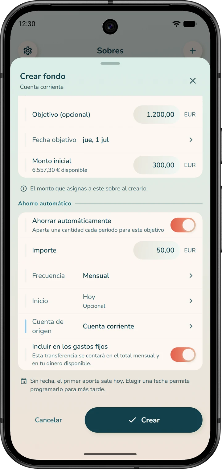 Formulario de creación de un sobre: el monto inicial, una aportación única, y después el ahorro automático, una aportación que se repite.