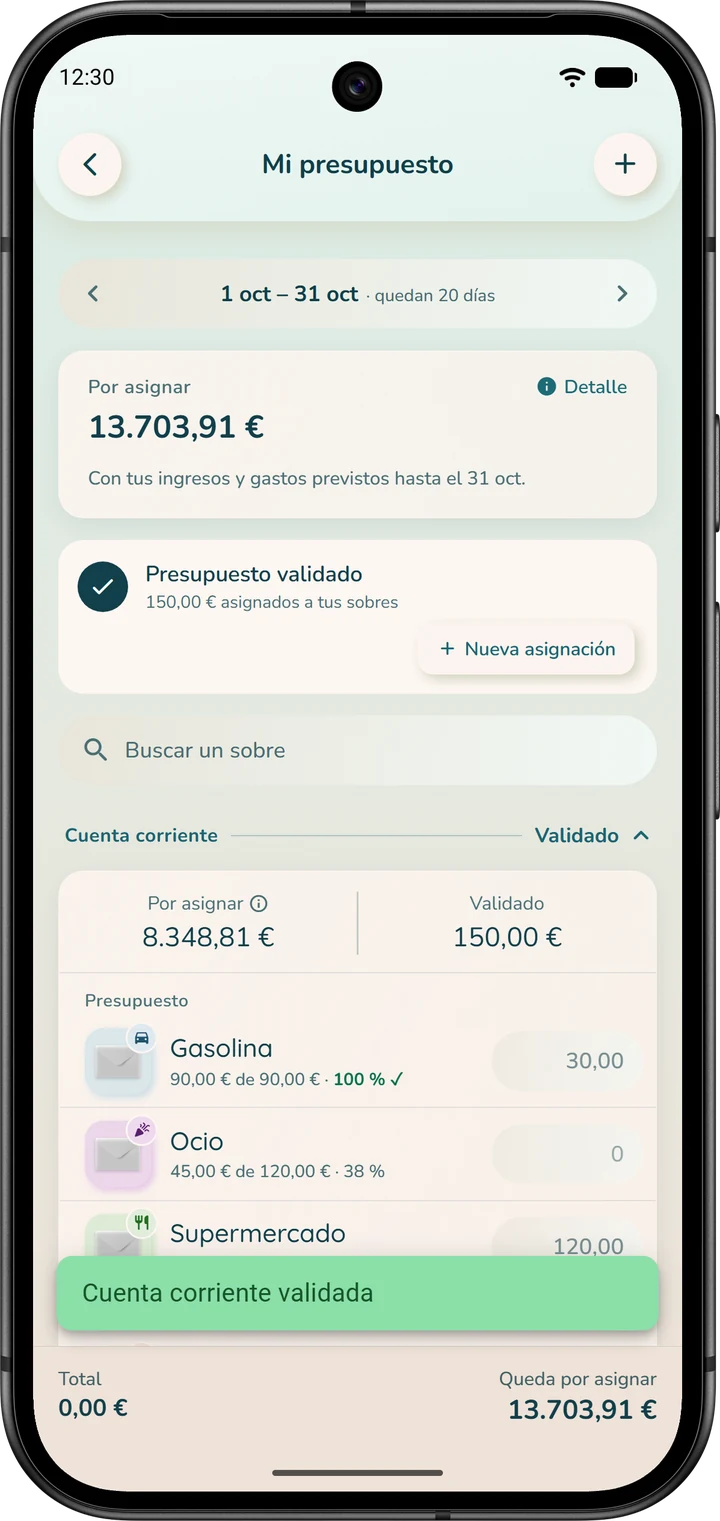 «Mi Presupuesto» justo después de validar una cuenta: la cuenta muestra «Validado» y aparece la tarjeta «Presupuesto validado».